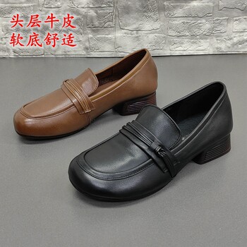 Brand removal from cabinets spring round-toe fashionable low-heeled retro first-layer cowhide leather tendon bottom versatile and comfortable women's shoes