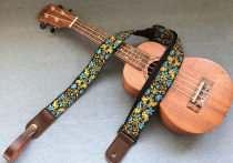 Exquisite contrast embroidered ukulele strap including genuine leather headband and headstock ukulele strap