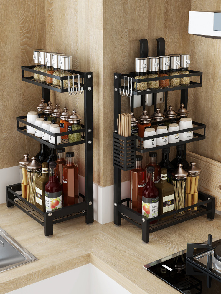 Kitchen shelf Black stainless steel knife holder Multi-function kitchenware supplies Seasoning oil, salt, sauce and vinegar storage layer shelf