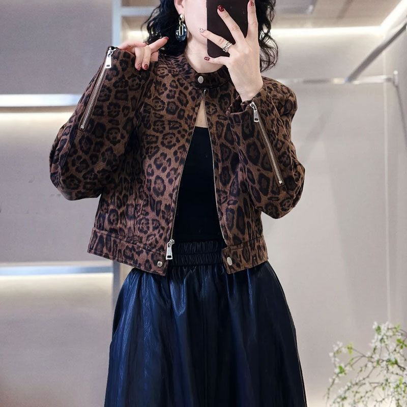 Women's Jacket 2026 Spring New European Style Short Leopard Print Stylish Suede Short Jacket Women's Coat Top