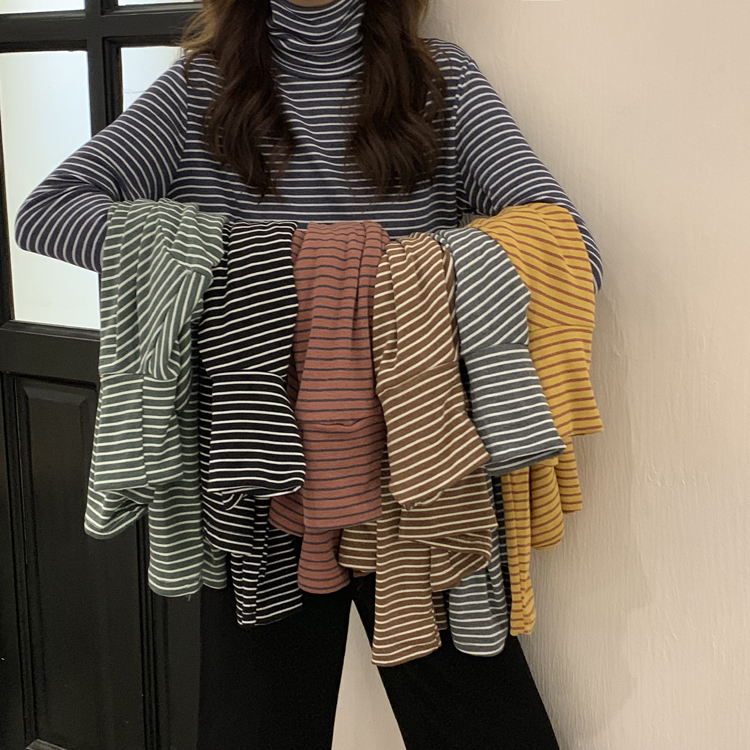 2023 New Korean Style High-Neck Long-Sleeve T-Shirt, Stylish Striped Base Shirt for Women, Suitable for Spring, Autumn, and Winter