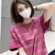 2023 new summer Korean style patchwork color-blocked striped shirts fashionable round neck bottoming shirts half-sleeved tops short-sleeved T-shirts for women