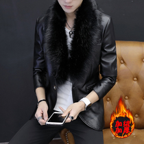 Winter hairy collar leather male young students Korean slim handsome plus velvet thick warm leather jacket mens coat