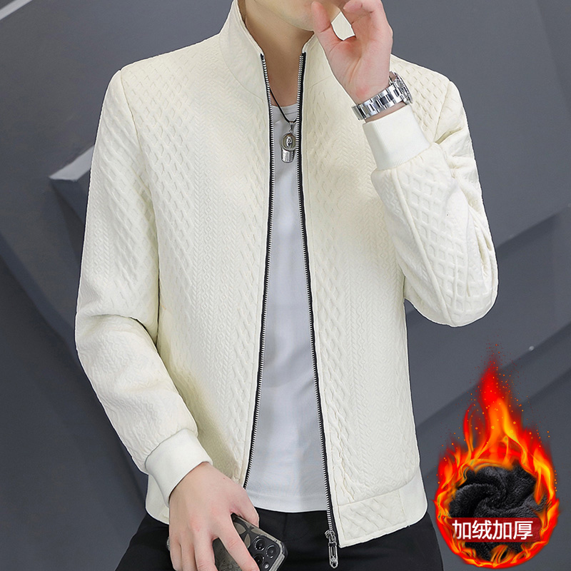 Autumn and Winter Fleece-Lined Thickened Jacket for Men, Stand Collar, Youth Korean Style, Slim Fit, Warm, High-End Short Trench Coat