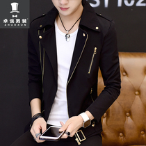 Mens personality windbreaker mens Korean version of mens handsome gown tide spring and autumn clothes slim slim suit collar coat