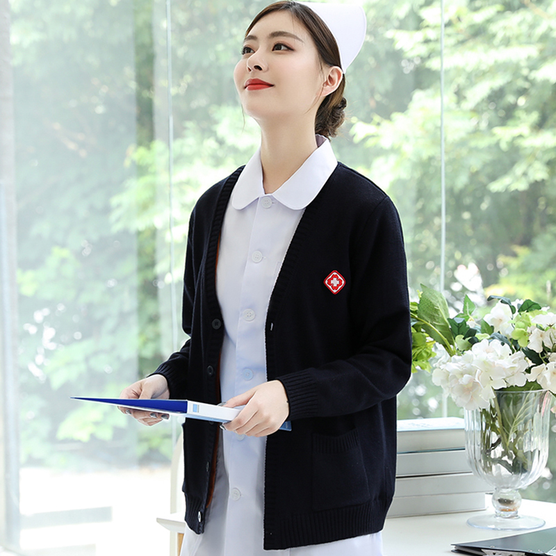 Nurse Sweater Women's Knitwear Nurse Uniform Medical Staff Cardigan Fleece-Lined Thickened Coat Outerwear Navy Blue Hospital