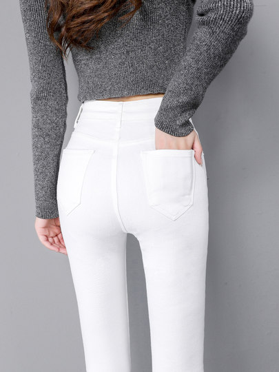 White Skinny Jeans for Women, 2025 Spring and Autumn New Style, Slim Fit, High-Waisted, Fleece-Lined, Pencil Pants