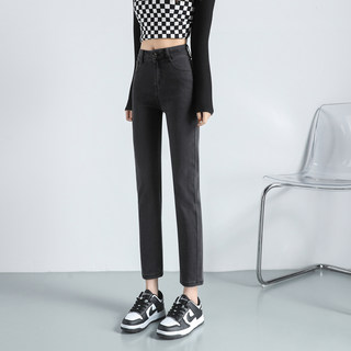 Smoky Gray Straight-Leg Jeans for Women, 2025 Spring and Autumn, Fleece-Lined, High-Waisted, Slimming, Stretchy, Petite, Cropped Cigarette Pants