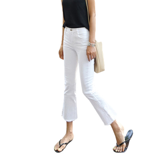 White Flared Cropped Pants for Women, Korean Style, Stretchy, Spring/Summer 2025 New Slimming High-Waisted Eight-Point Jeans, Trendy