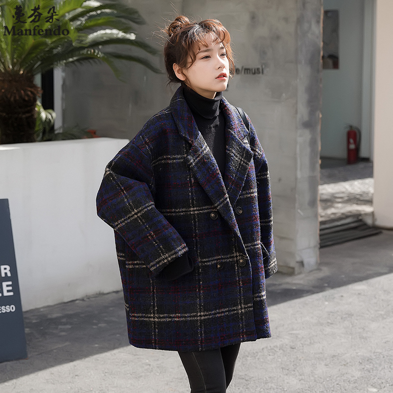 2019 autumn and winter clothing new Korean version loose thin student plaid thickened wool suit coat coat women's trend