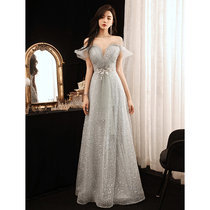 Heavy Work Evening Gown Woman Temperament Name Yuan Senior Grey 2022 New Host High-end Banquet Dress annual meeting