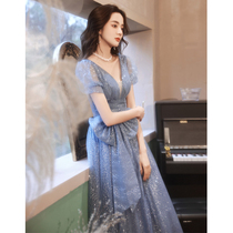 Blue Starry Sky Evening Gown 2022 new qi and light extravagant and small crowdsourced high-end name Yuanyuan banquet host Liondresses Dress
