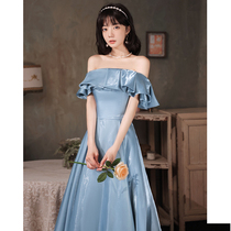 Evening dress Women Summer banquet Temperament Style of the Shoulder Host Advanced Texture Birthday Performance Blue Long Dress