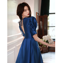 Blue High-end Evening Gown Women Satin Noodles Annual Meeting Banquet Temperament Famous senior texture presenter Liondress