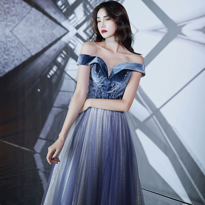 Blue Evening Dress Lady 2020 New Banquet Temperament Noble Lined Shoulders Long Version Fairy Gas Dreamy Annual Meeting Foreign Dress