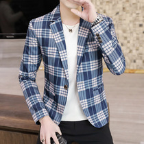 2021 spring new mens suit jacket Korean slim handsome plaid single west casual small suit mens jacket