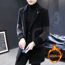 Winter golden mink velvet trench coat mens medium-long Korean version of the trend thickened wool coat mens handsome jacket jacket