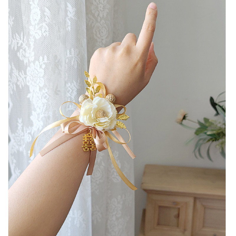 Champagne Emulation Bride Wrist Flower Bridesmaid Sisters Group Hands Flowers Dancing Knot Wedding Celebration Supplies Han Style Little Fresh