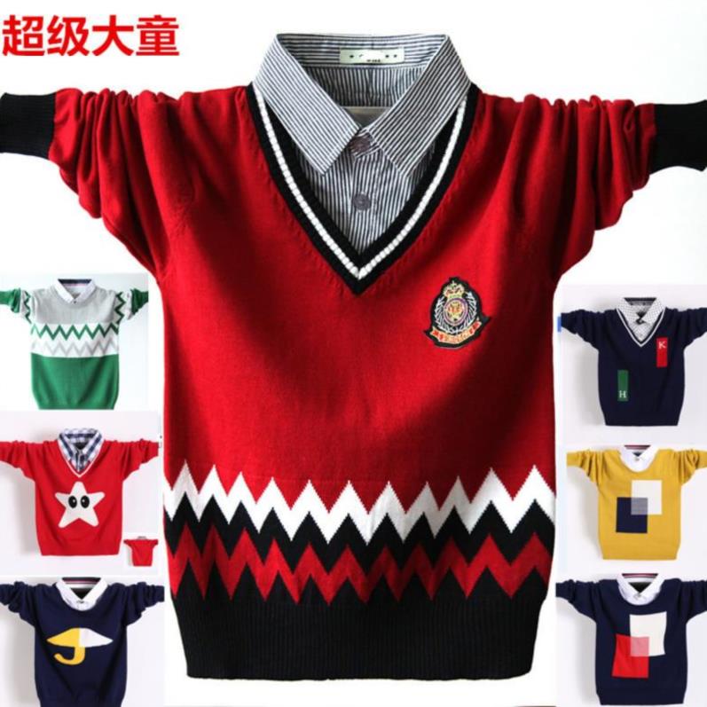 Children's cardigan sweater boy big child little child versatile fake two shirt collar pullover knit stitching spring autumn winter