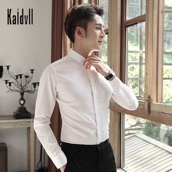 Kaidvll White Long-Sleeve Shirt for Men, Business Korean Style Professional Shirt, No-Iron Slim Fit, Groomsmen Trendy Autumn Wear