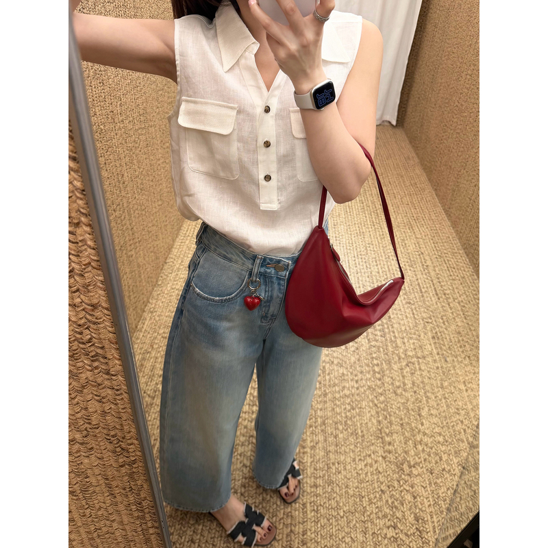 Hong Kong Style Casual Retro Polo Collar Patch Pure Linen Sleeveless Shirt Vest