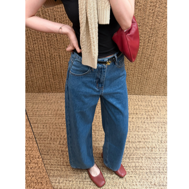 Blue Tone Nostalgic Autumn Season Spun Cotton Non-Stretch Hip-Modifying Korean Style Cropped Wide-Leg Jeans