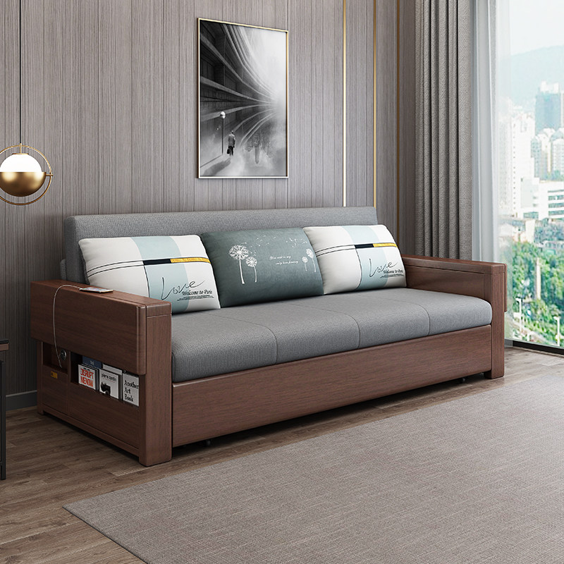 Chinese solid wood sofa bed multifunction foldable minimalist modern single double small family type living room dual-use sofa bed-Taobao