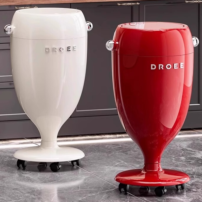 Trash Can for Living Room and Bedroom, Tall Wine Glass Holder, No Need to Bend Over, Household Use, Angora Red, Large Capacity, with Wheels, Movable