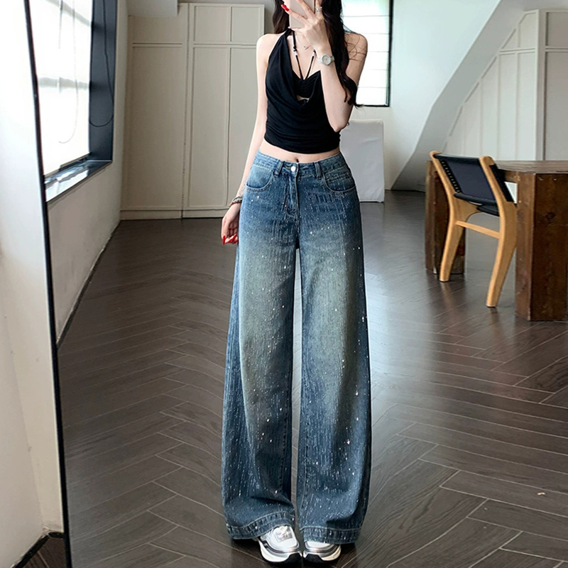 Loose-Fitting Wide-Leg Jeans for Women with Rhinestone Embellishments, High-Waisted, Tummy-Concealing, Slimming, Unique Design, Niche Style Long Pants