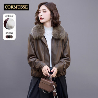 Cormusse Fleece-Lined Thickened Short Leather Jacket for Women 2025 Winter New Vintage Casual Fur Collar Leather Jacket Coat