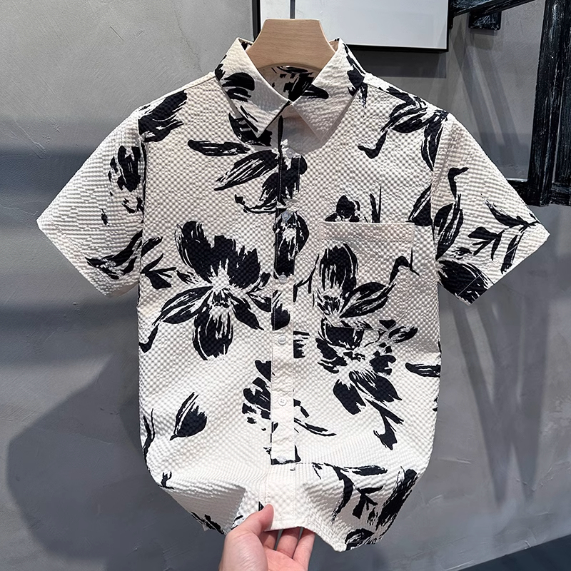 Retro Printed Shirt for Men, Seersucker Trendy Loose Fit, Cool and Stylish Half-Sleeve Men's High-End Wrinkle-Free Shirt
