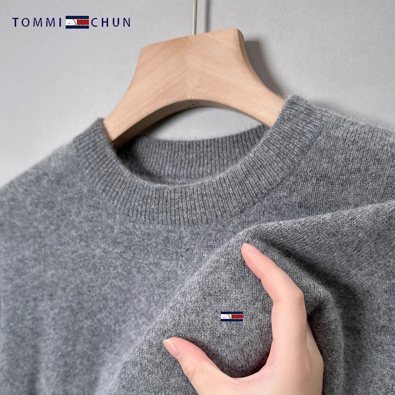 American Tommy Pure Wool Sweater Men's Round Neck Thickened Solid Color Fashion Casual Pullover Knitwear for Men American Tommy Pure Wool Sweater Men's Round Neck Thickened Solid Color Fashion Casual Pullover Knitwear for Men
