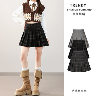 Xiangmeimei College Style Woolen Plaid Pleated Skirt Women's High Waist Slimming A-Line Short Skirt Retro Versatile Half Skirt