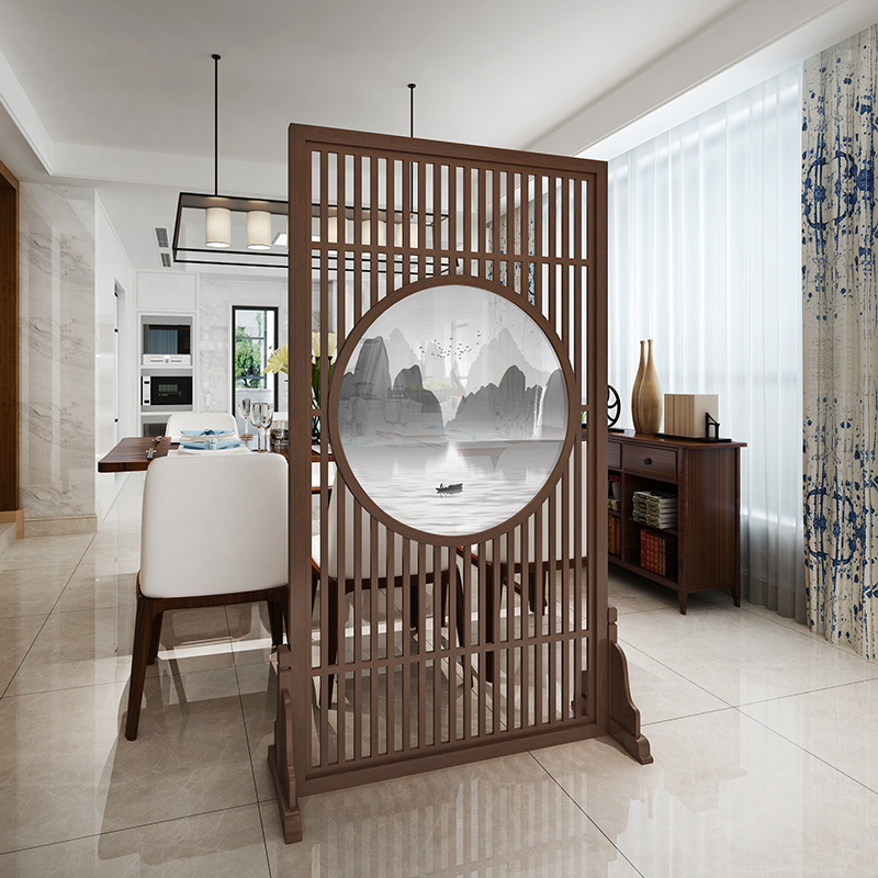 Chinese screen partition living room solid wood creative round hollow mask decoration office props screen screen