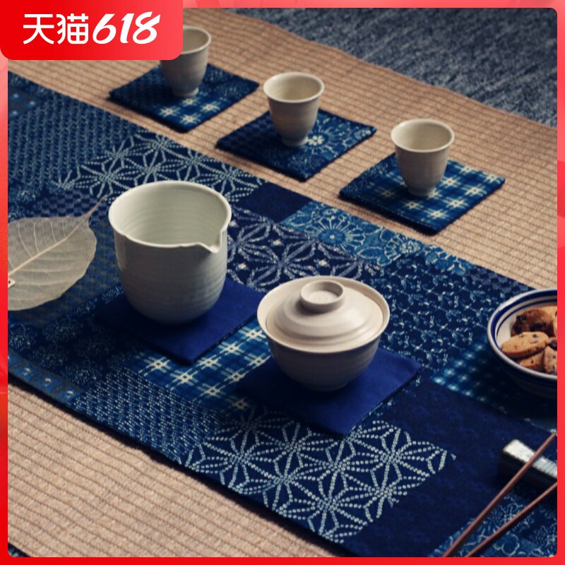 Blue Red Cotton Hemp Parquet Printed Tea Mat Art Table Flag Tea Cloth Cup Mat Zen Chinese Style Retro National Wind