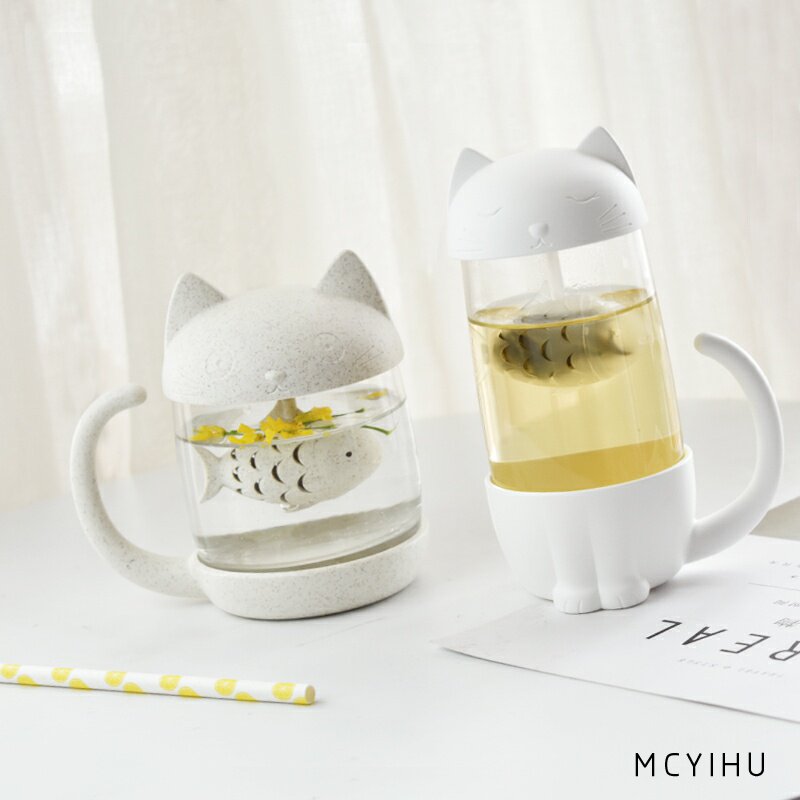 Cat glass tea cup men and women household transparent net red ins students Korean cute little fish water cup vibrato with the same style