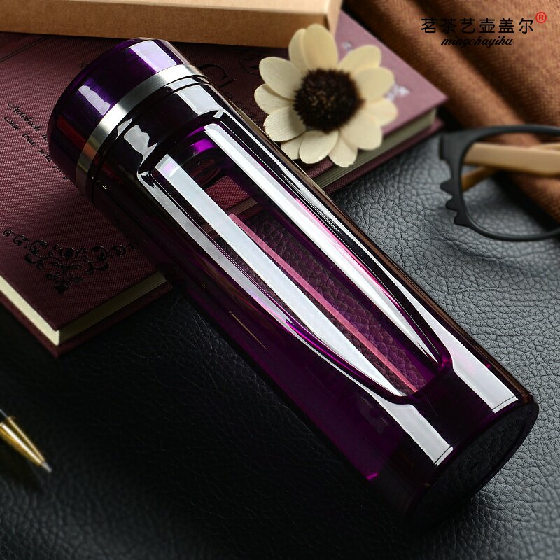 High-end tempered glass cup double layer anti-fall water glass portable office fashion male and female tea cup subcustom logo lettering