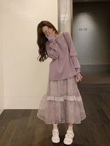Gentle wind long skirt can be salt can be sweet Hepburn light cooked wind small fragrant wind two-piece suit floral dress female spring and autumn