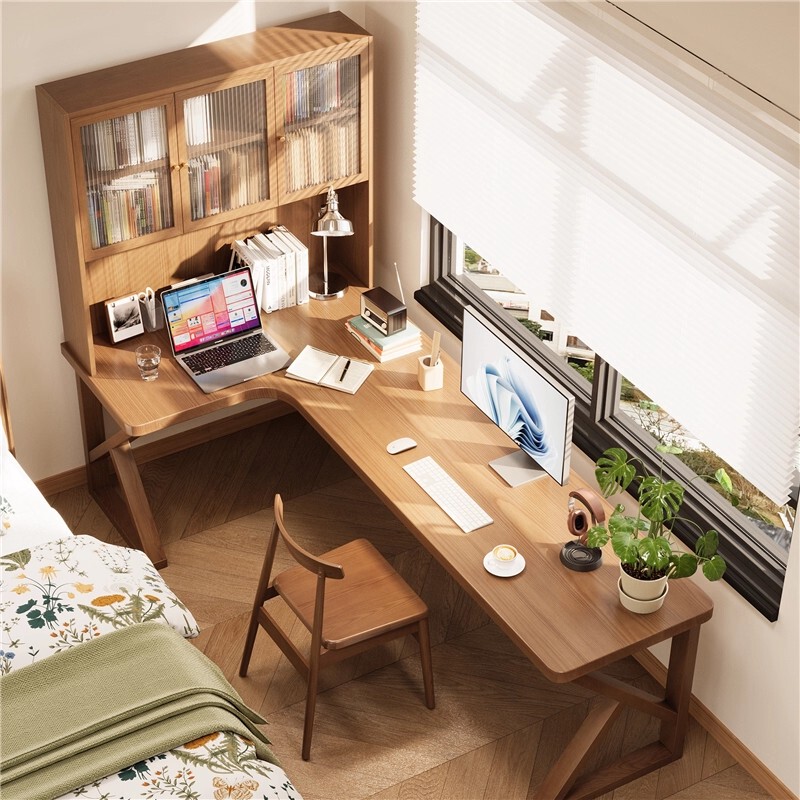 Solid Wood Corner Desk and Bookcase Combination with Glass Door, Wall-Mounted 7L-Shaped Computer Desk, Bedroom Corner Writing Desk