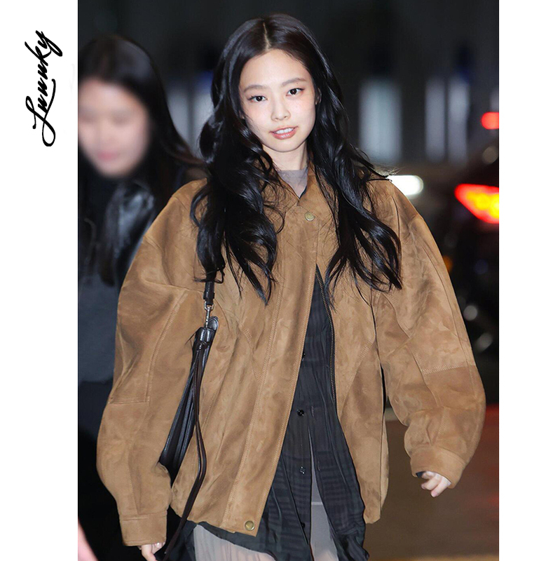 Jennie Kim's Same Style Melard Retro Suede Biker Jacket for Women, Old Money Style Loose Jacket Top