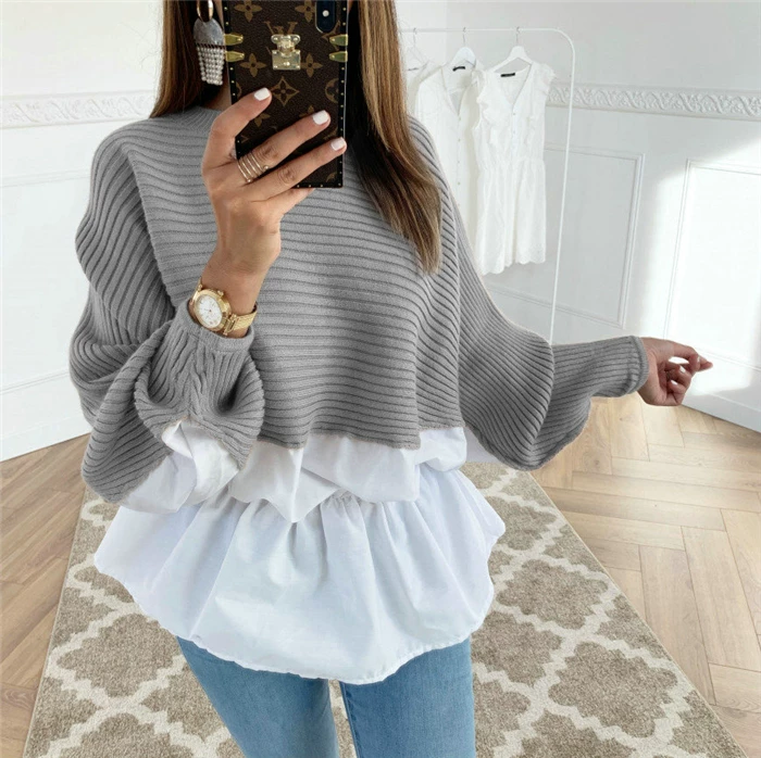 Women's sweater pullover, ribbed knit, layered ruffle hem — sizes S–XL