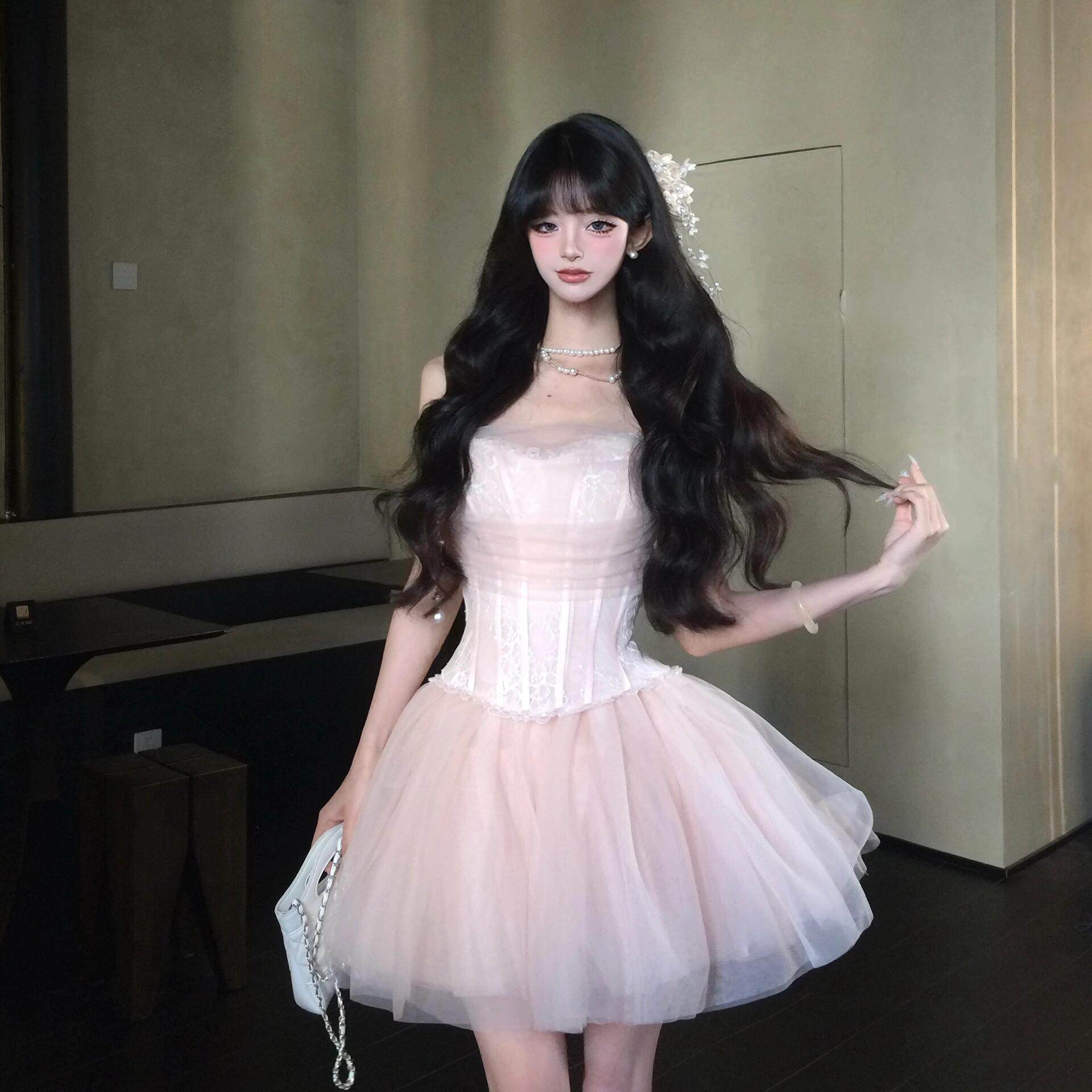 Miu French ballet style mesh tulle skirt women's 2026 summer new high-waisted slimming A-line cake skirt set