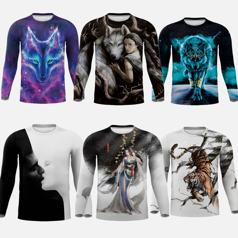 Summer and Autumn Men's 3D Wolf Head Tiger Animal Loose Large Size Trendy Brand Personalized High-Elastic Base Shirt Ice Silk Long Sleeve