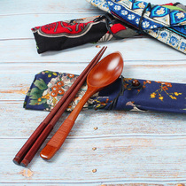 Creative Wood-day Style And Wind Chopsticks Small Wooden Spoon Three Sets Students Portable Cute Cutlery Suit Home