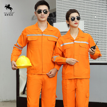 Cotton long sleeve overalls set mens spring and autumn reflective strip sanitation workshop factory clothing construction site labor protection clothing customization