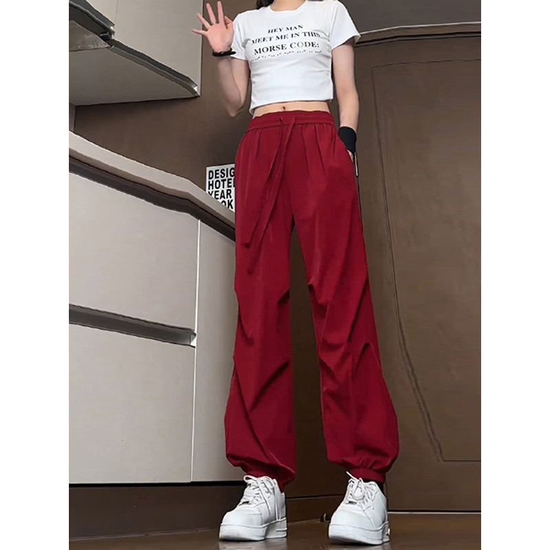 Burgundy Paratrooper Cargo Pants for Women, Summer Quick-Drying Hiking Pants, Leg-Lengthening Ice Silk Jogger Pants