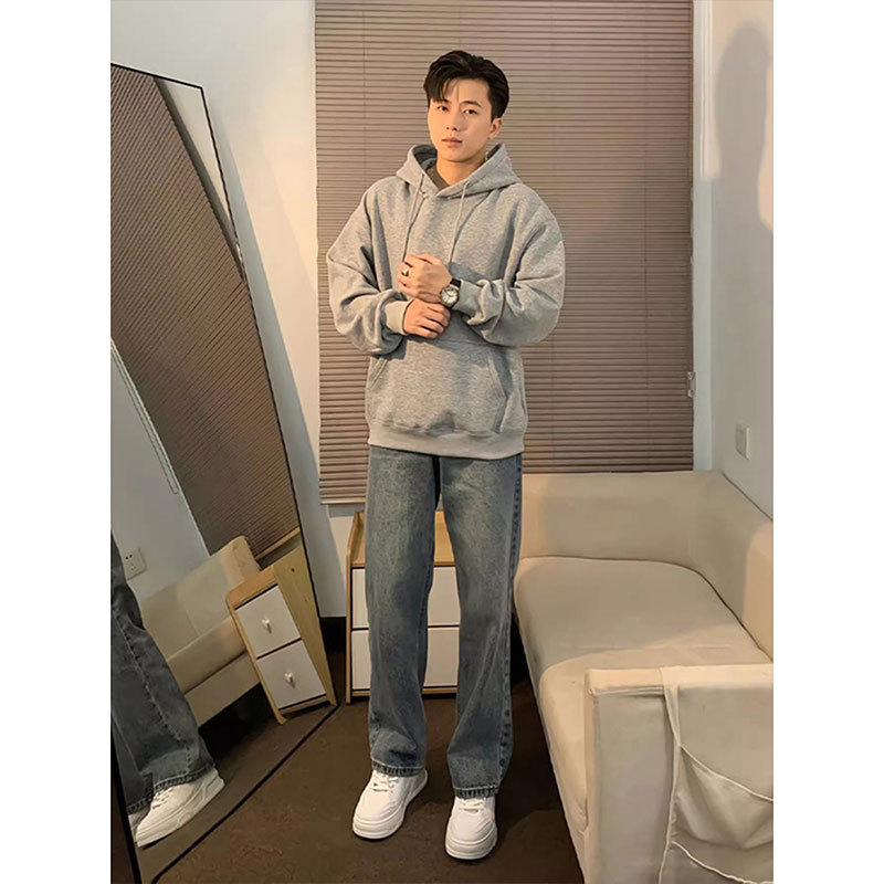 Light Gray American-Style Heavyweight Stiff Sweatshirt for Men, Autumn Wear, Cleanfit Jacket, American Retro Hoodie