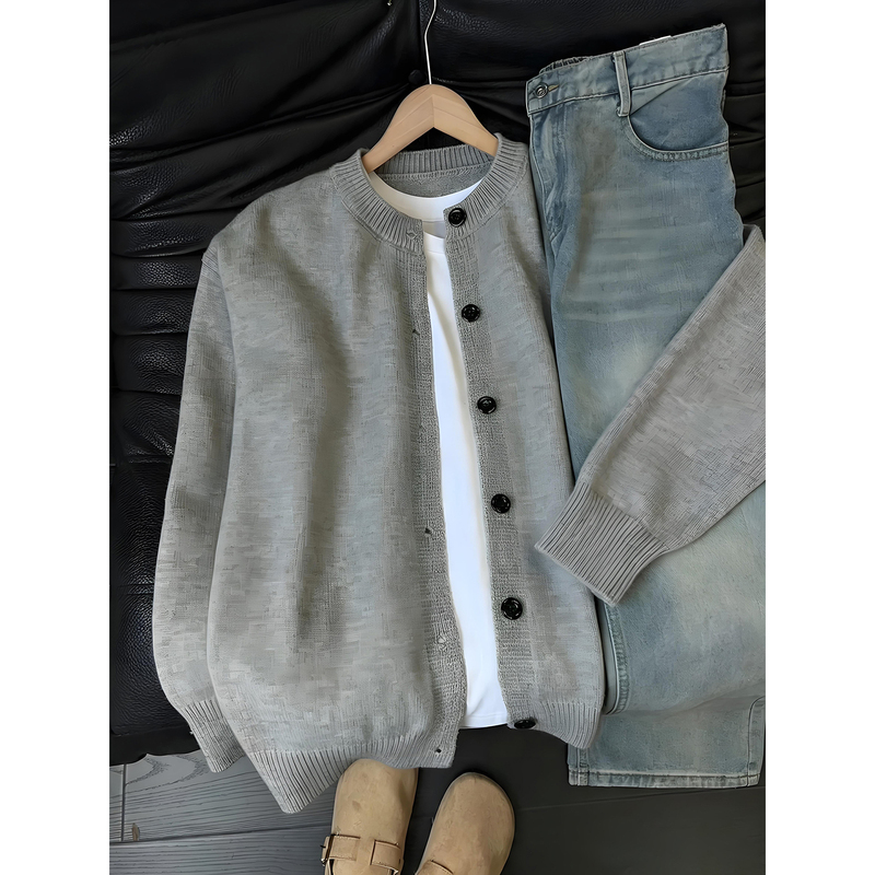 Gray Round-Neck Cardigan Sweater for Men, Spring and Autumn American Retro Lazy Style Casual High-End Knitted Jacket