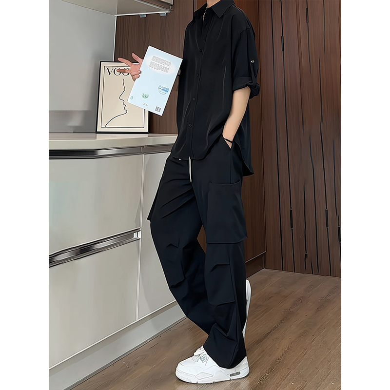 Black Short-Sleeved Shirt and Pants Set, High-End and Cool Men's Outfit, Paired with Summer Dk Ice Silk Shirt Jacket