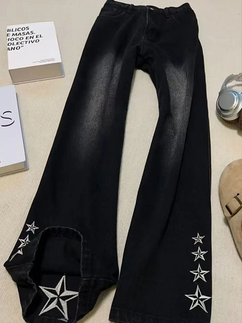 Star embroidered bootcut jeans for men, autumn and winter straight narrow pants, American high street velvet slim casual pants